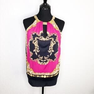 Cache black gold pink‎ graphic print scroll sleeveless top size Small